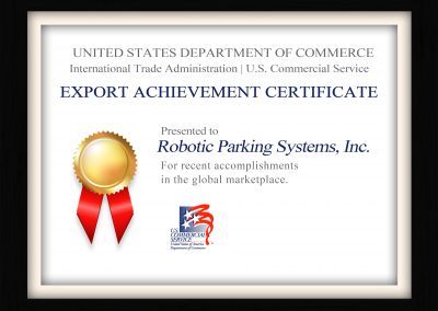 Robotic Parking Systems - Export Achievement Certificate